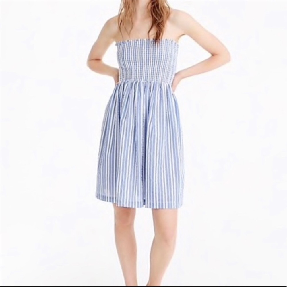 J. Crew Blue and White Strapless Dress